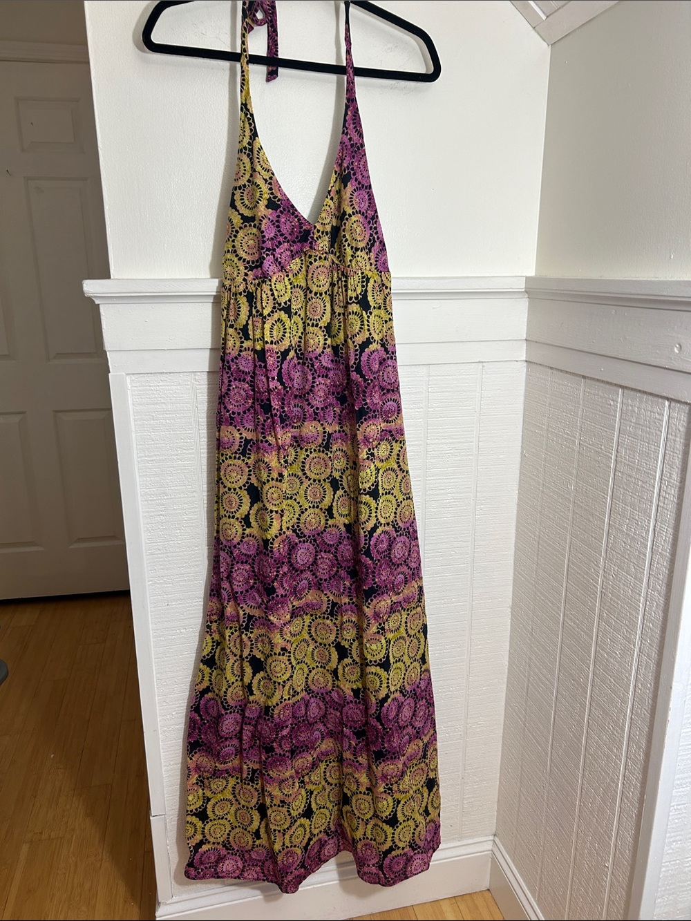 Vintage Old Navy Linen Cotton Maxi Halter Dress Medium medallion hippie boho